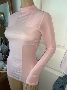 Y2K pink sheer stretch fitted mesh cross high neck tunic shirt top S